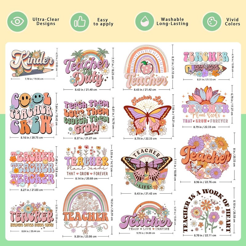 HTVSTD 32 Sheets Teacher Day Iron on Transfers DTF Transfers Ready to Press Retro Teacher Iron on Decals for T-Shirts Flower Heat Transfer Vinyl Iron on Decals for DIY Patches Decals - Image 3